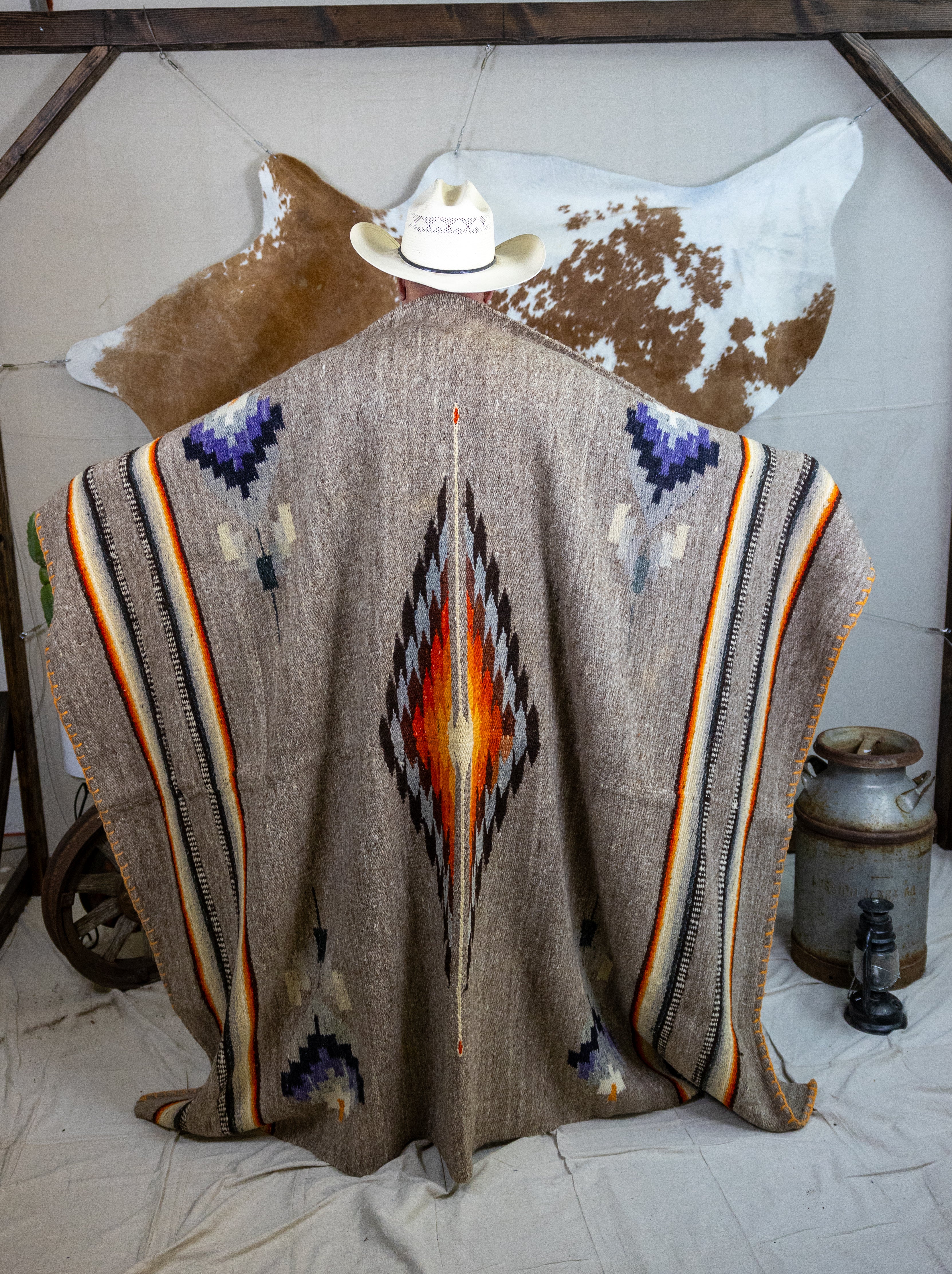 Authentic Vintage Southwestern Gray Woven Blanket with Colorful Native Design and Orange Accent Stitching