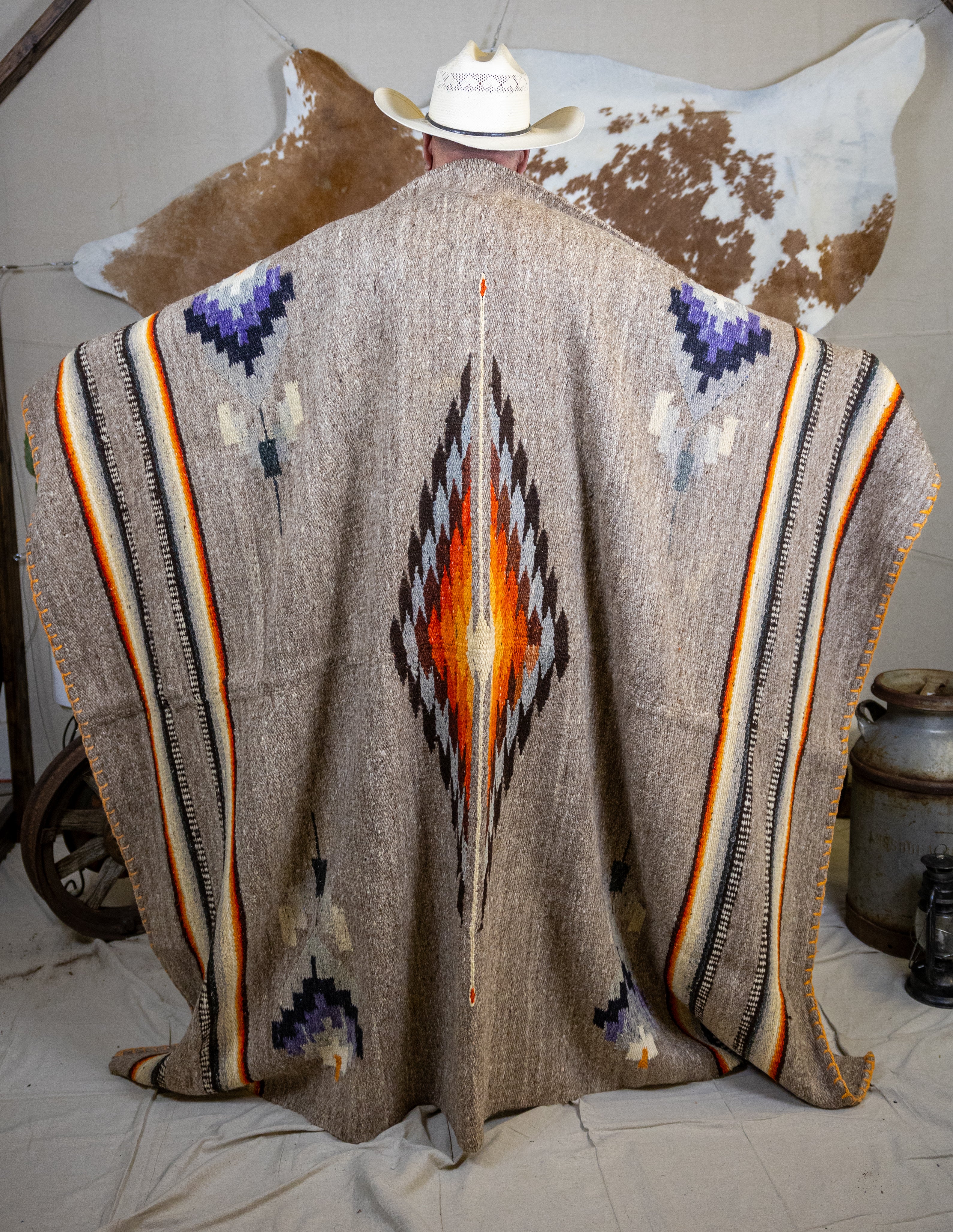 Authentic Vintage Southwestern Gray Woven Blanket with Colorful Native Design and Orange Accent Stitching