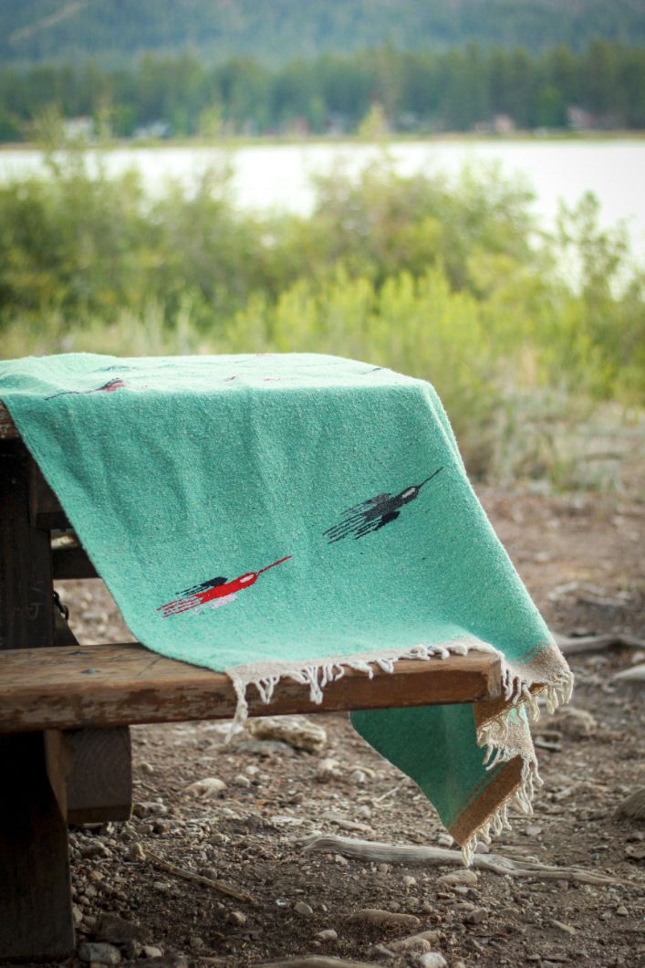 Vintage Southwestern Native American Turquoise Colored Thunderbird  Blanket 8x6 ft