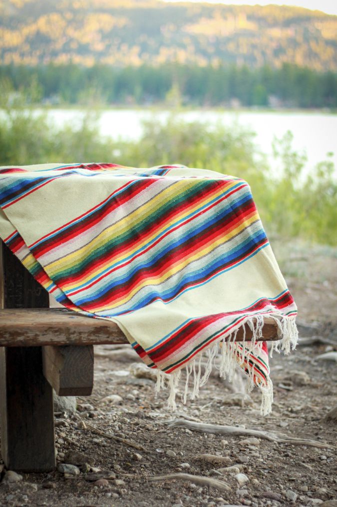 Vintage Saltillo Sarape Wool Blanket Tan Multi-Colored