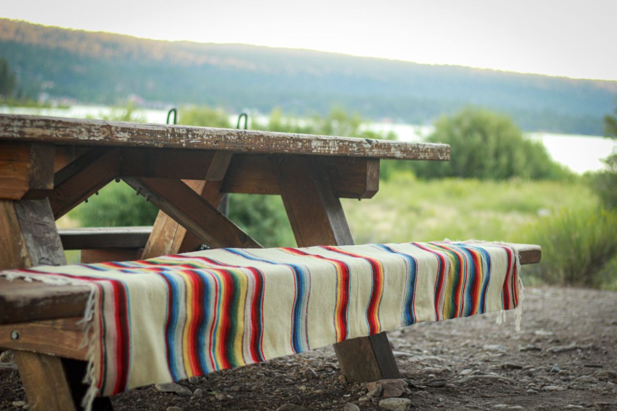 Vintage Saltillo Sarape Wool Blanket Tan Multi-Colored