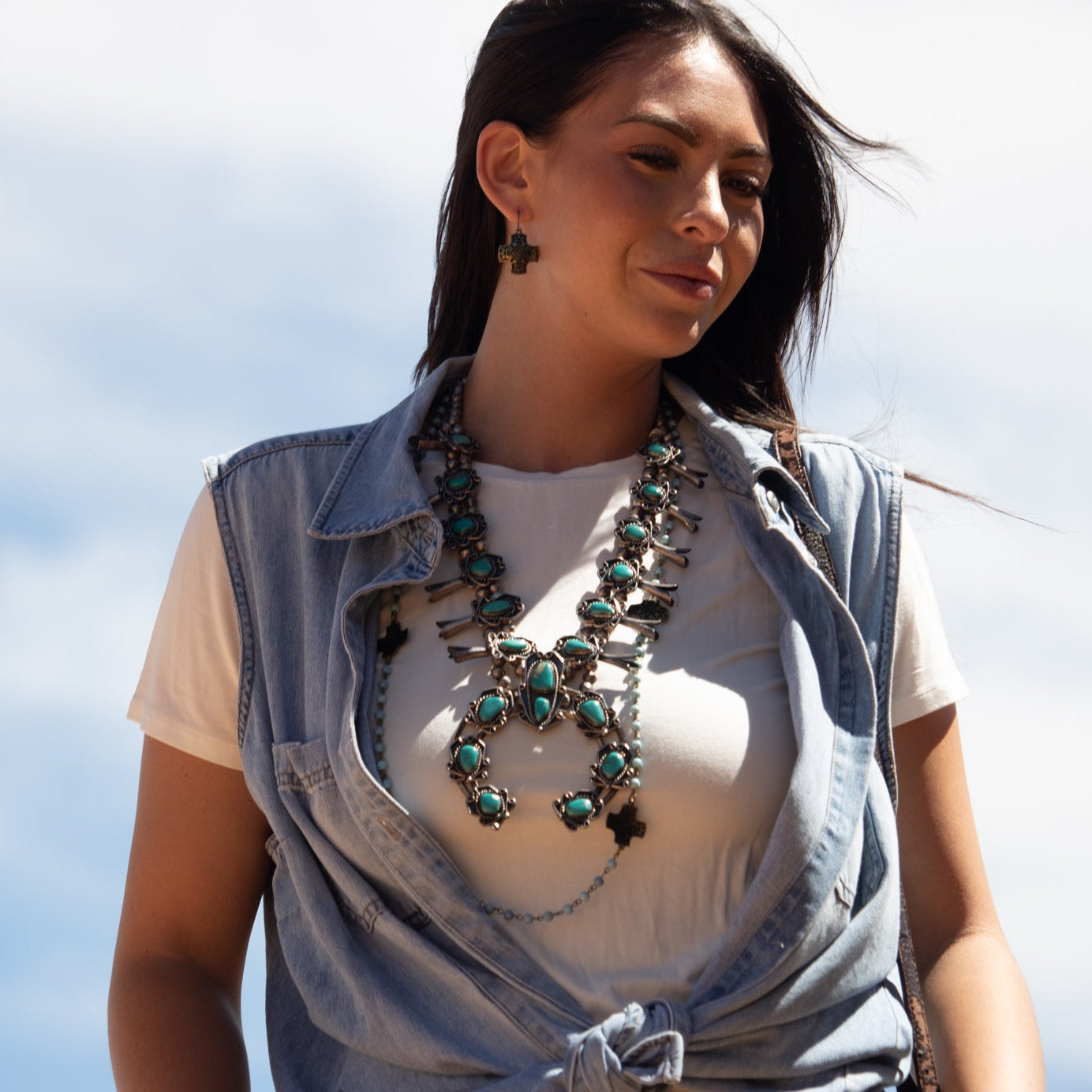 Vintage Navajo Sterling Silver Royston Turquoise Squash Blossom Necklace