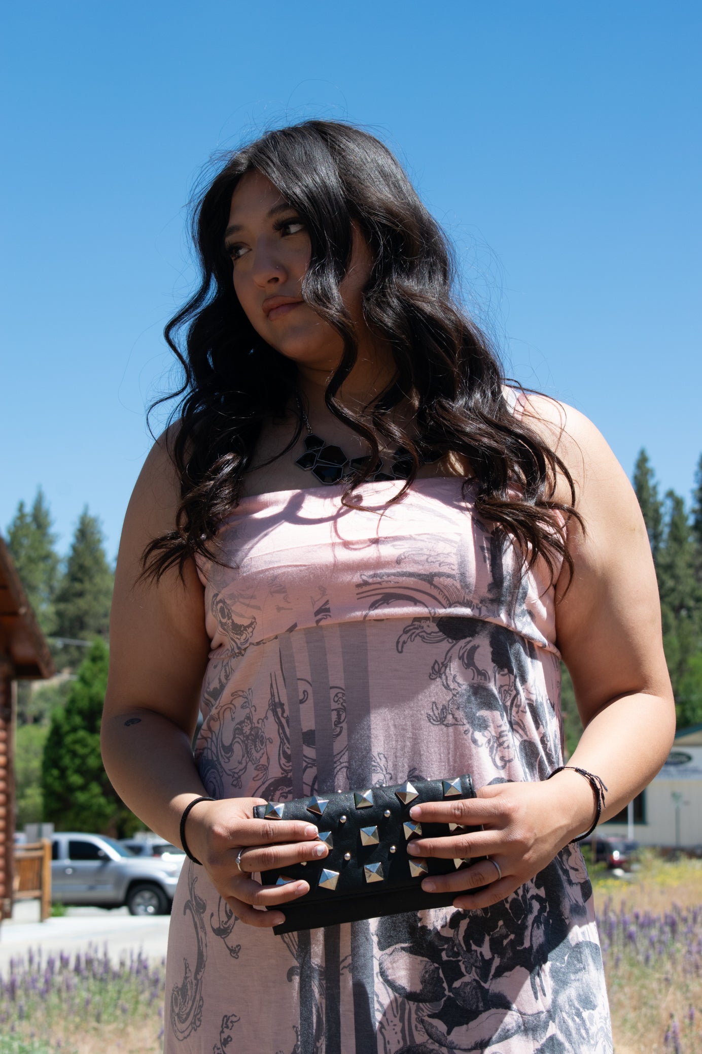 Poliana Plus Light Pink 2000's Strapless Dress with Black floral like design