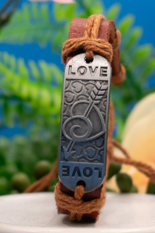 Brown Leather and Jute Cord Love Charm Adjustable Bracelet