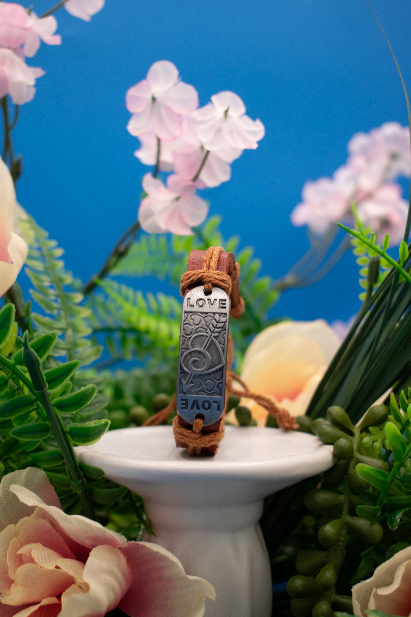 Brown Leather and Jute Cord Love Charm Adjustable Bracelet