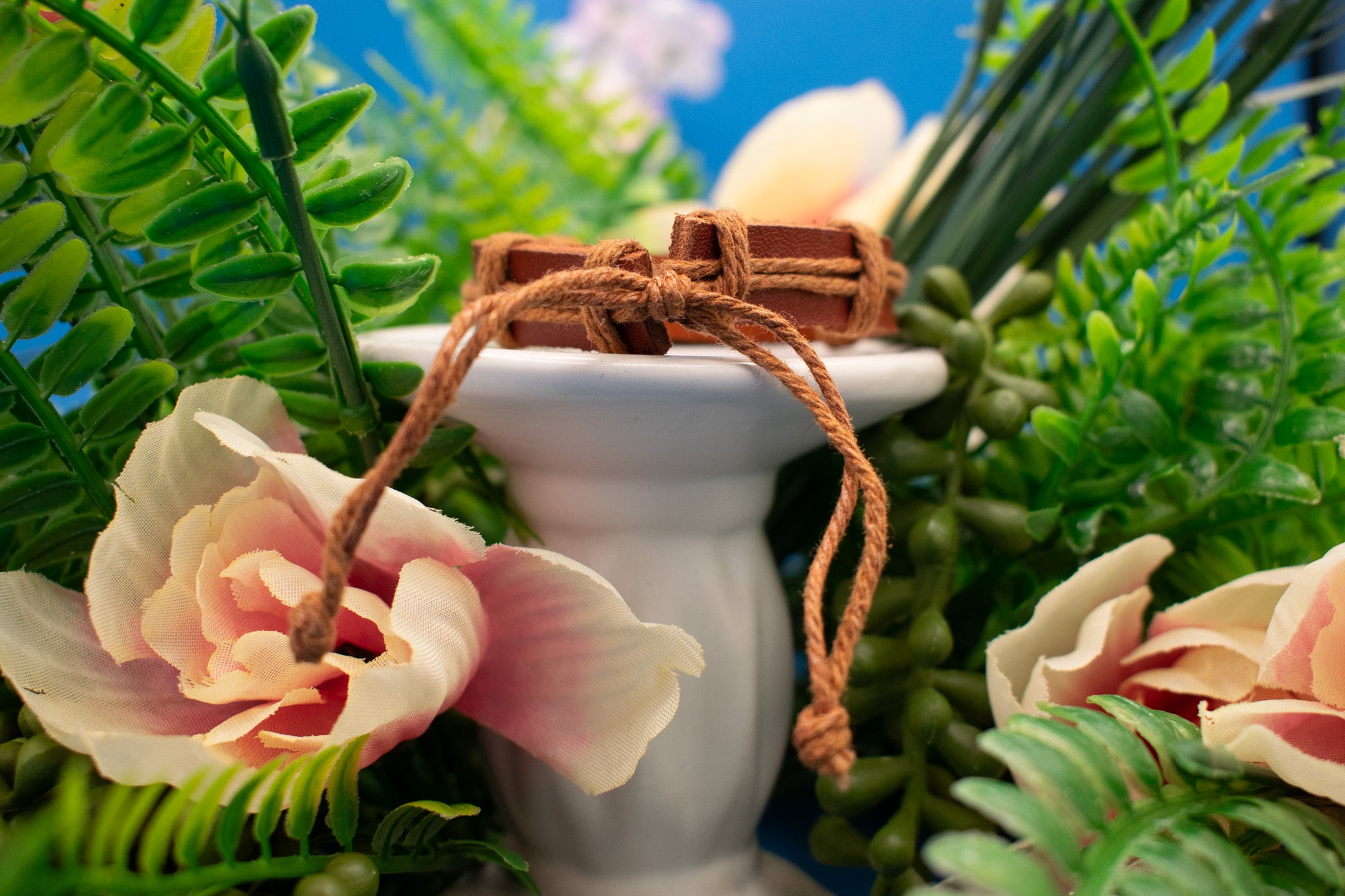 Brown Leather and Jute Cord Love Charm Adjustable Bracelet