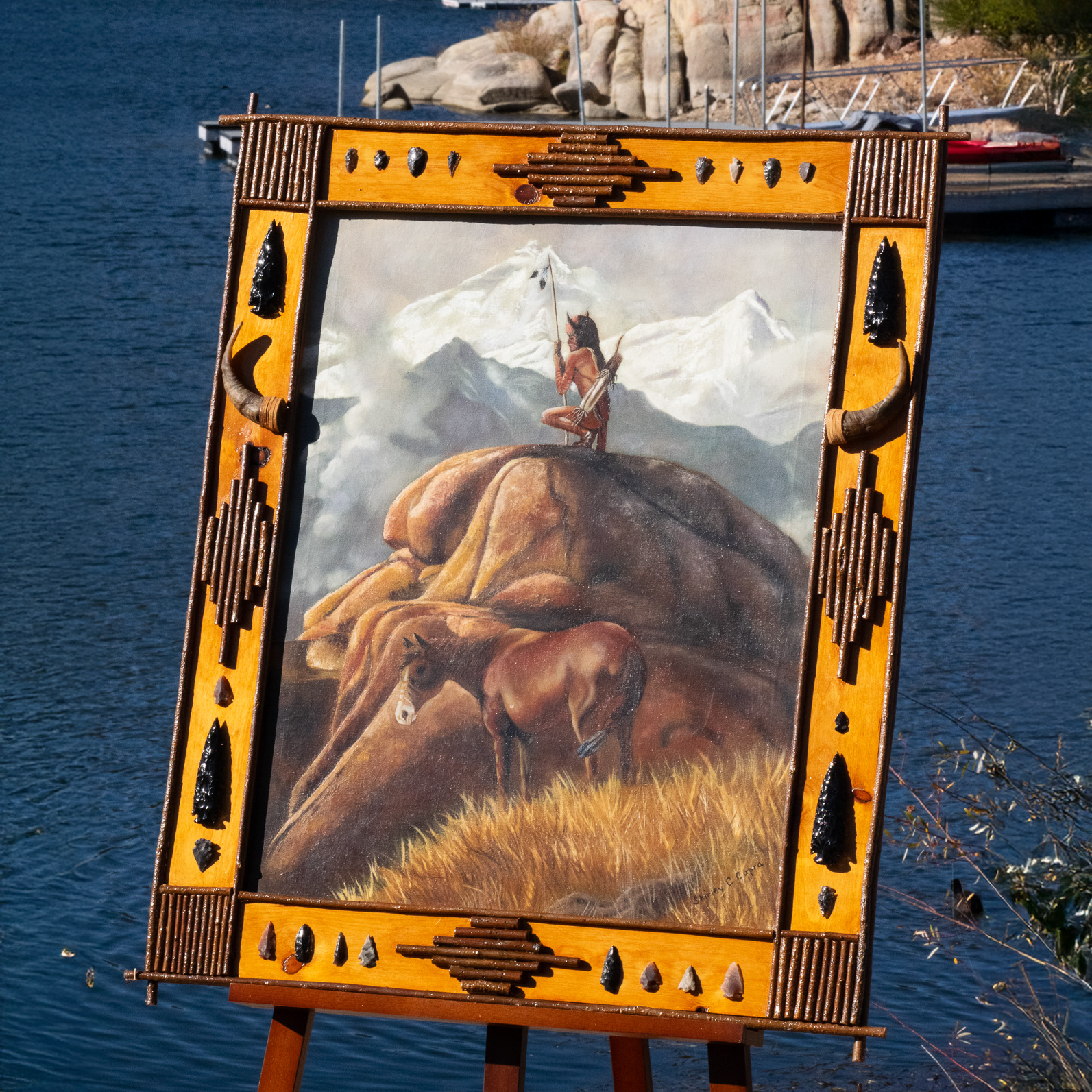 "Indian Gazing Upon a Boulder" Original Oil on Canvas by Shirley C. Capra