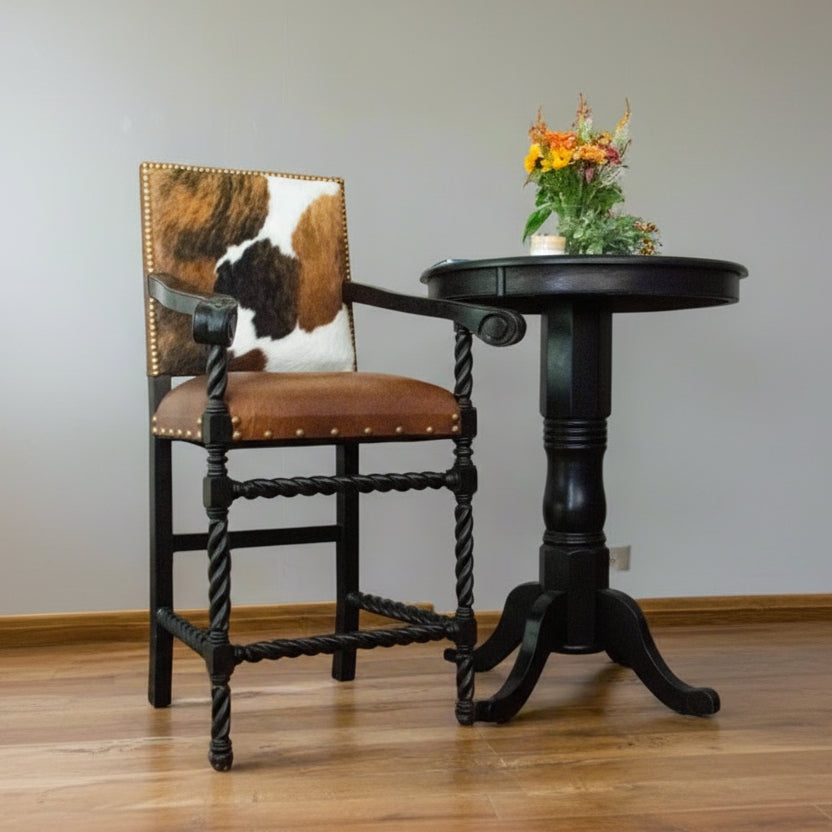 Lorec Ranch Collection Regency Barstool with Arms Dark Brown Leather and Cowhide