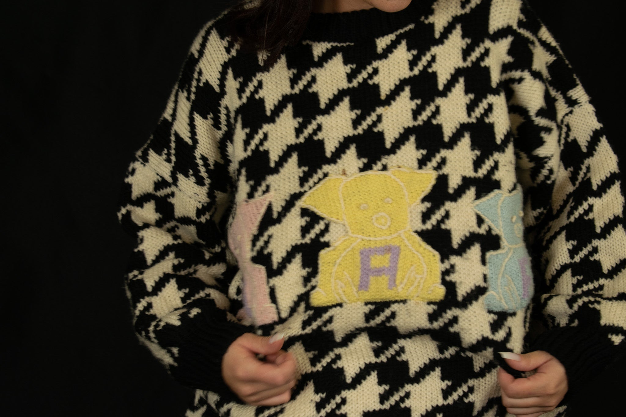 Naf Naf Tricote Black & White Sweater with 3 Different Colored Piggies Spelling N-A-F on Their Tummies