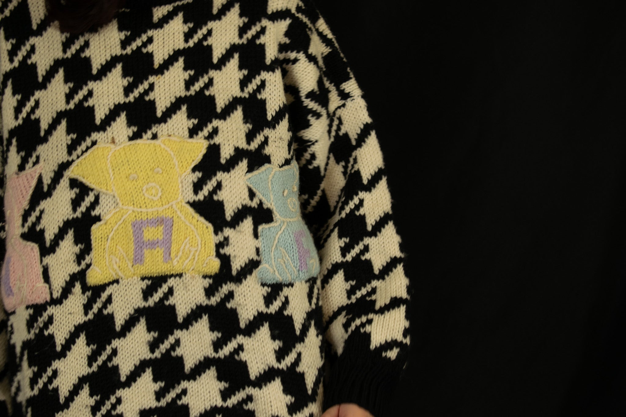 Naf Naf Tricote Black & White Sweater with 3 Different Colored Piggies Spelling N-A-F on Their Tummies