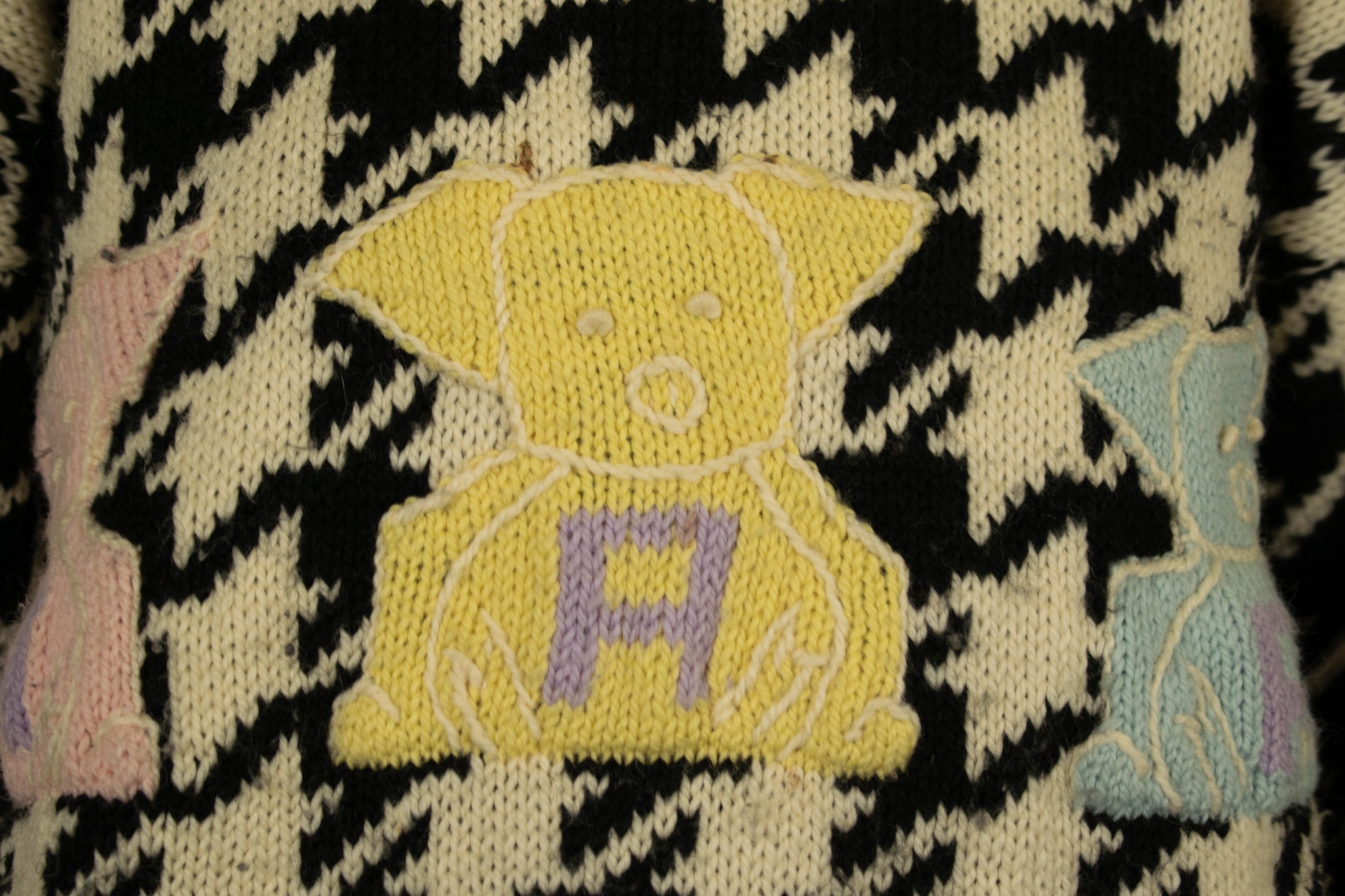 Naf Naf Tricote Black & White Sweater with 3 Different Colored Piggies Spelling N-A-F on Their Tummies