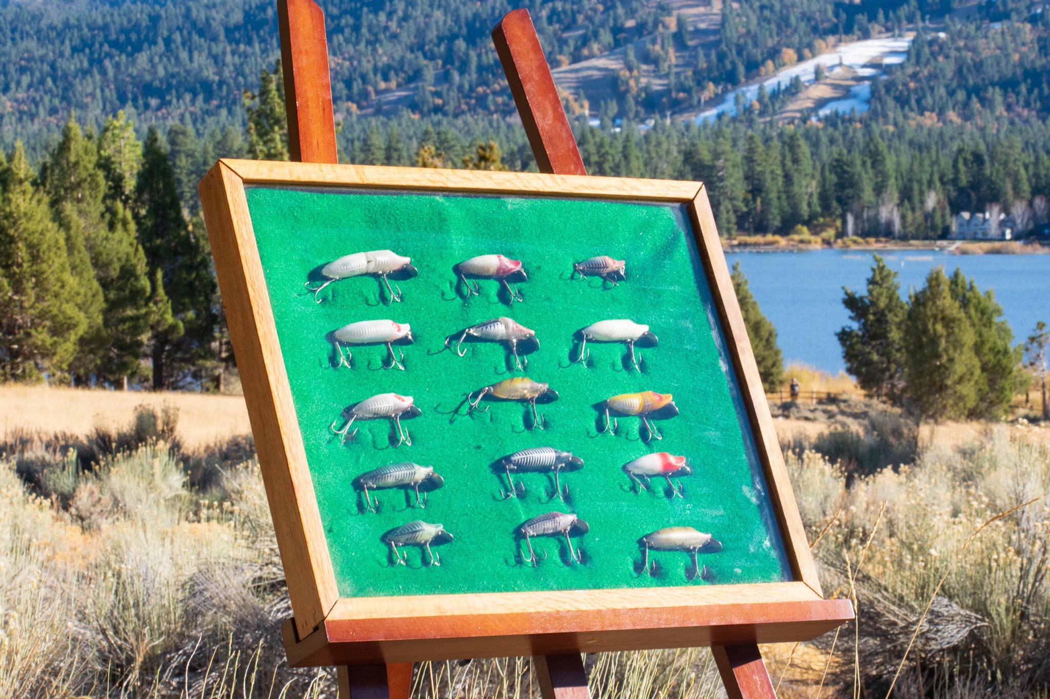 Collection of Fishing Lures Displayed in a Classic Wooden Case
