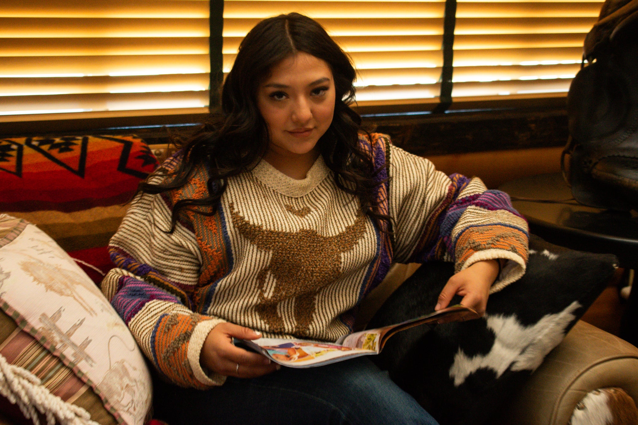 Allen Wah Collection Western tan Cow Skull Multi - Colored Pull - Over Sweater with Lining