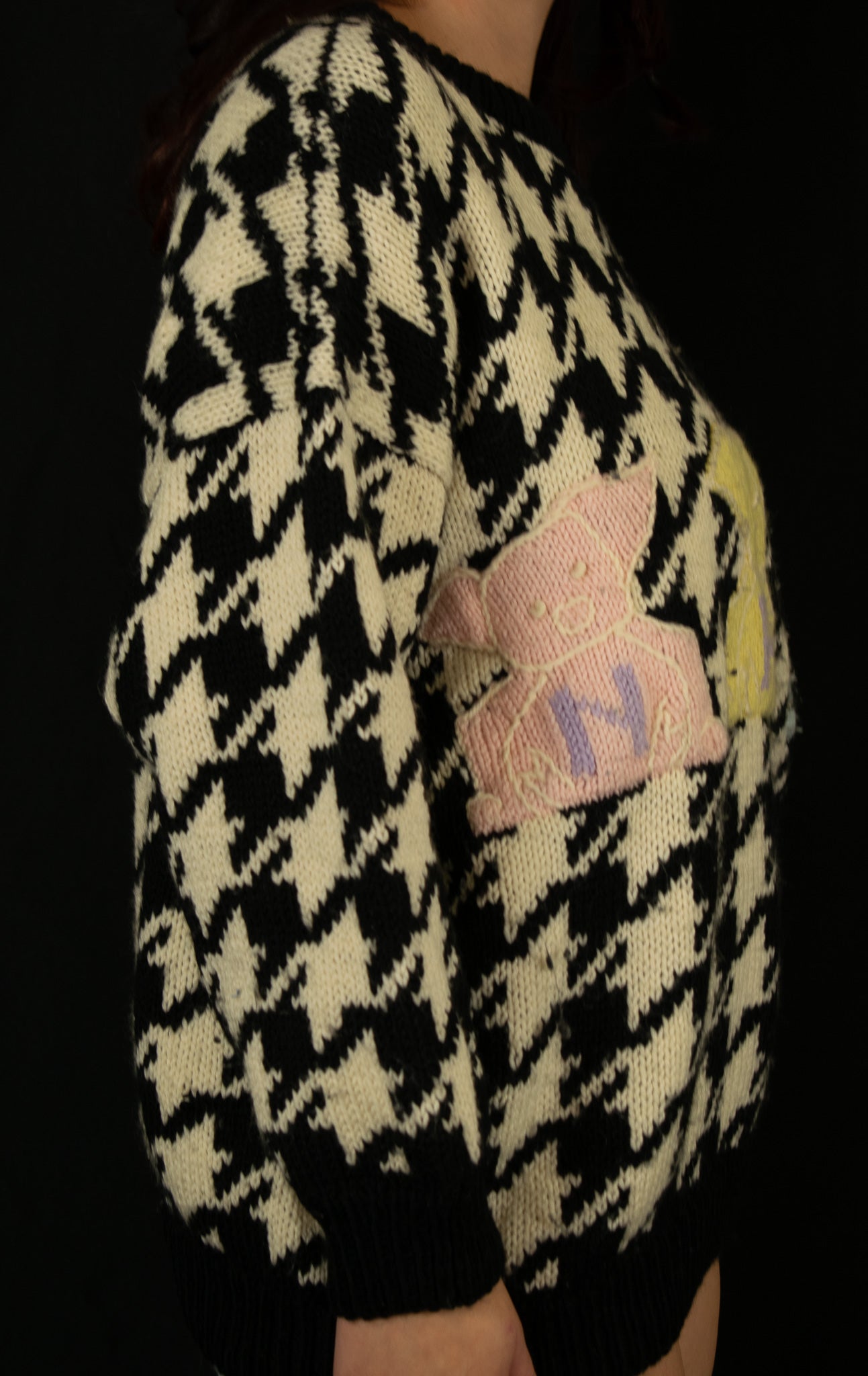 Naf Naf Tricote Black & White Sweater with 3 Different Colored Piggies Spelling N-A-F on Their Tummies