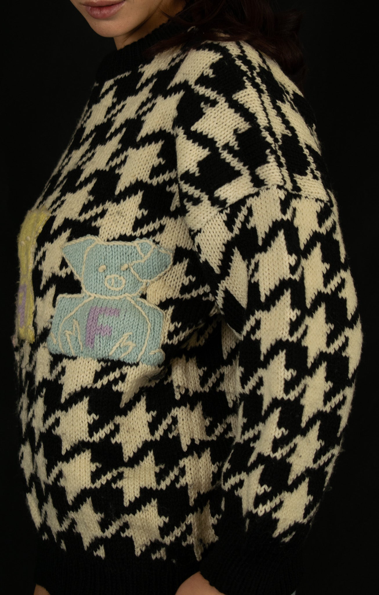 Naf Naf Tricote Black & White Sweater with 3 Different Colored Piggies Spelling N-A-F on Their Tummies