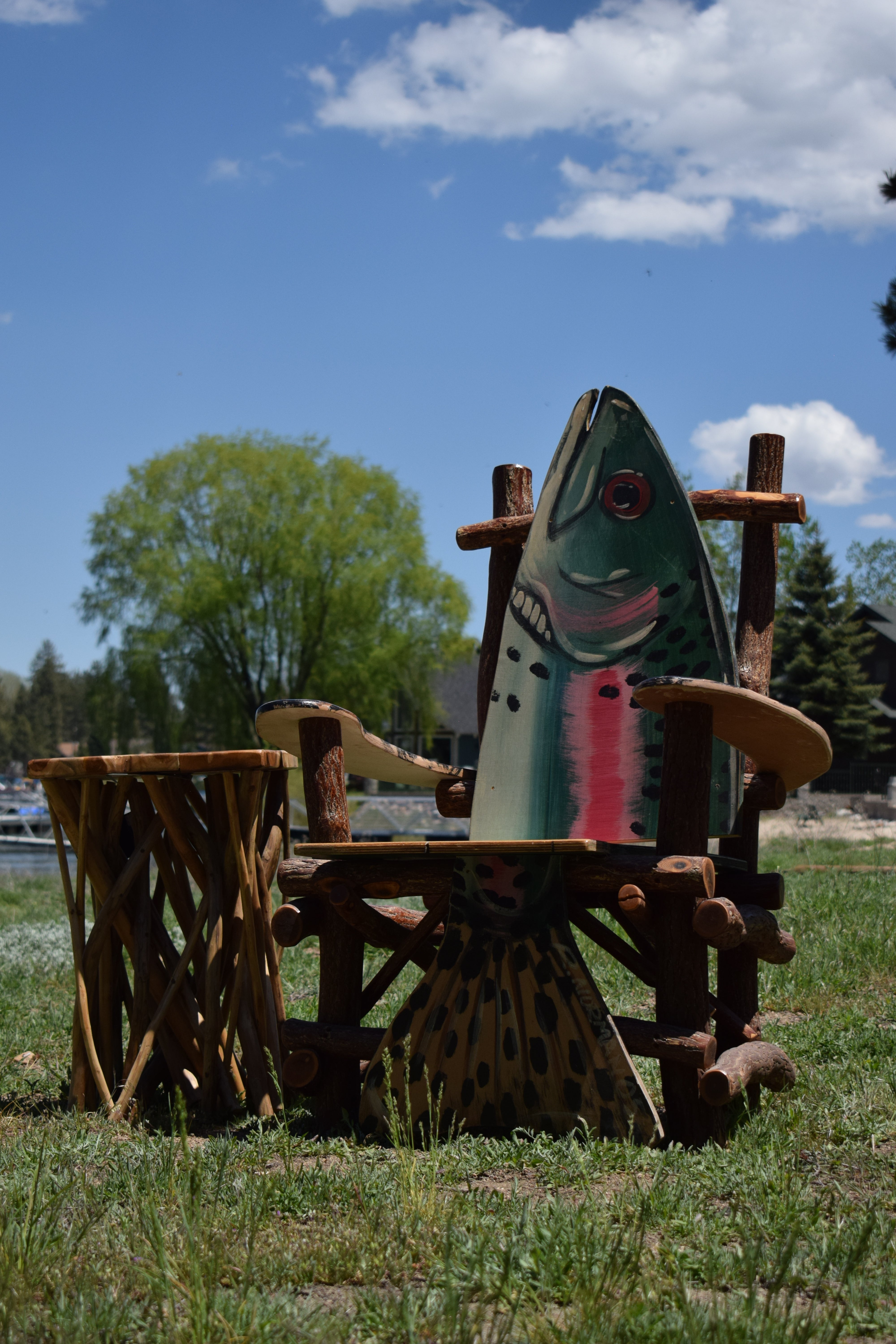 Natural Log Trout Fish Armchair Depicting a Realistic Rainbow Trout as the seat