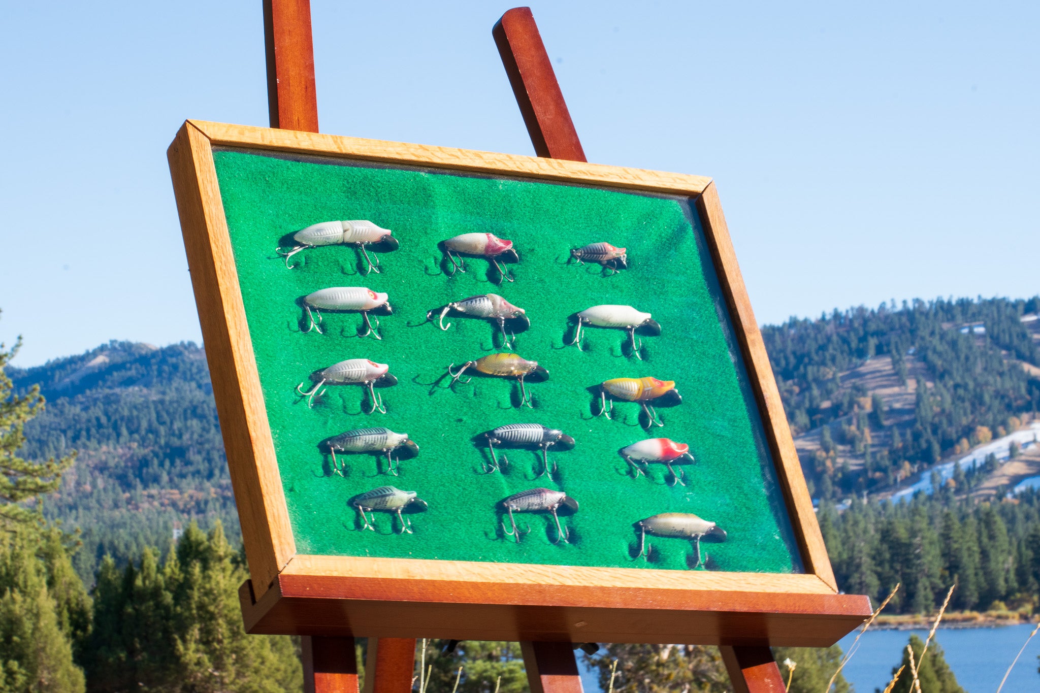 Collection of Fishing Lures Displayed in a Classic Wooden Case