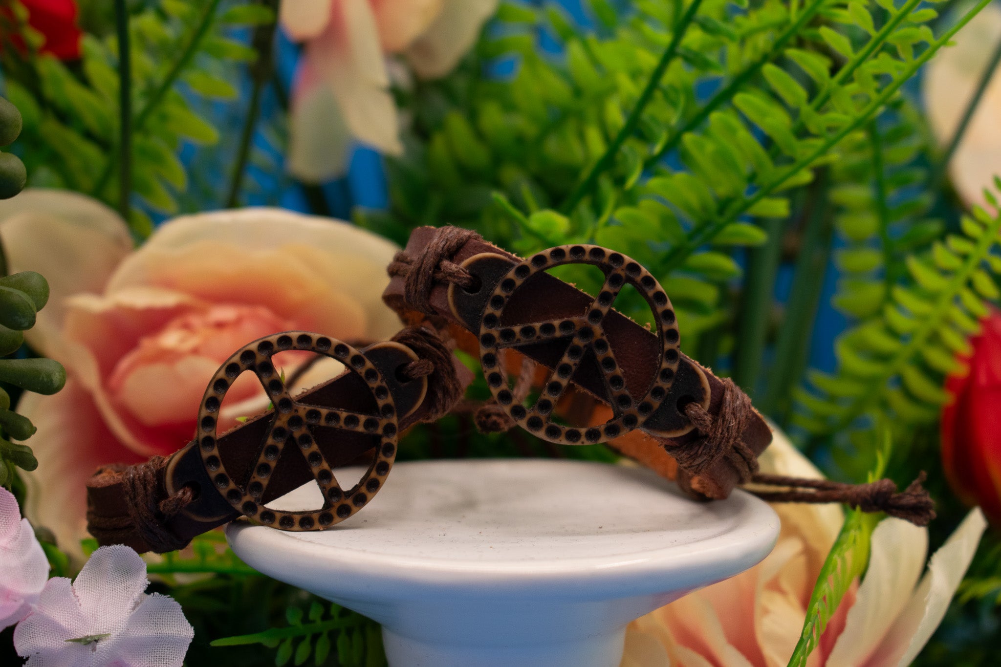 Brown Leather Peace Sign Charm Adjustable Bracelet