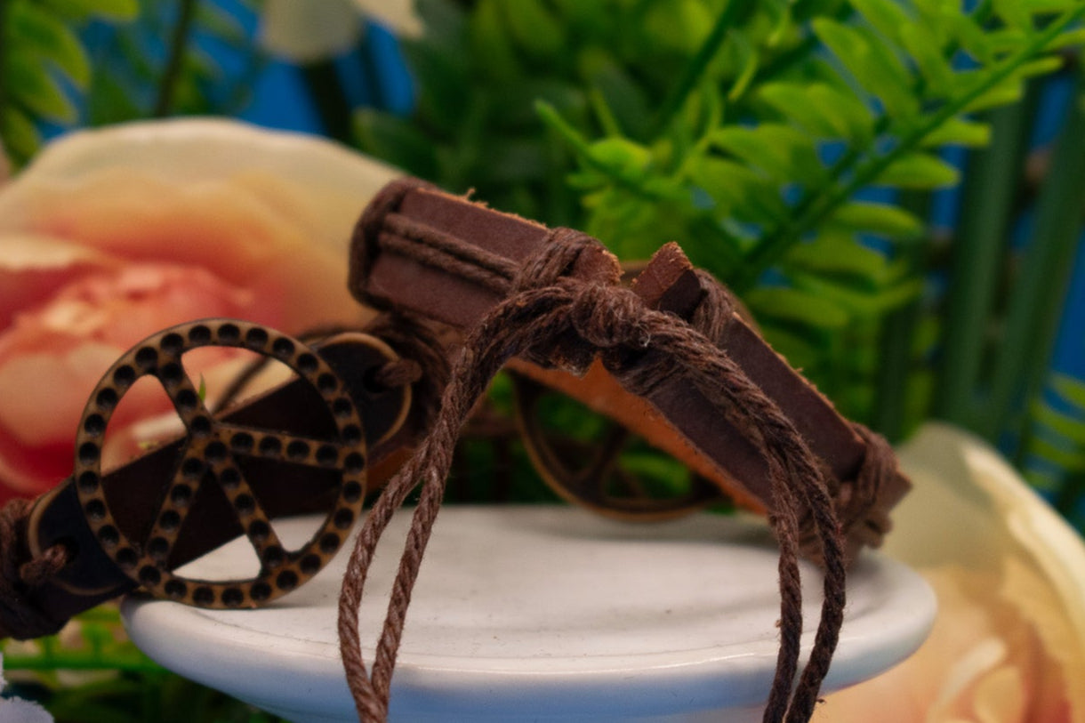 Brown Leather Peace Sign Charm Adjustable Bracelet