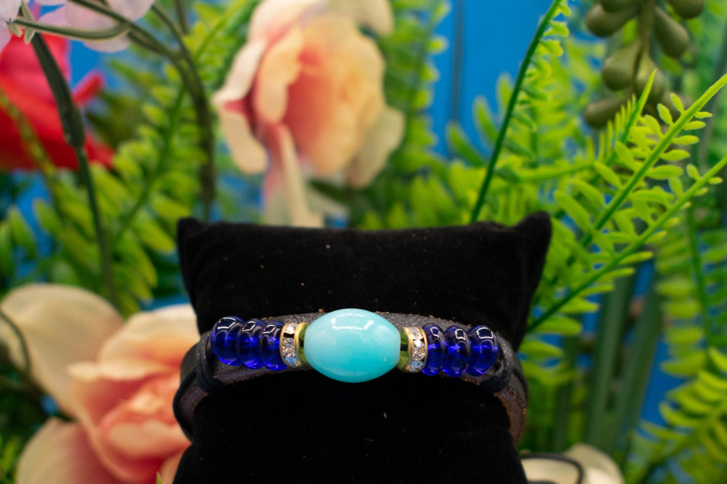 Leather Blue Glass Beaded Adjustable Bracelet