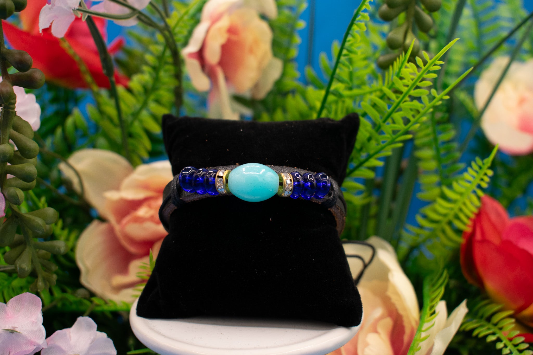 Leather Blue Glass Beaded Adjustable Bracelet