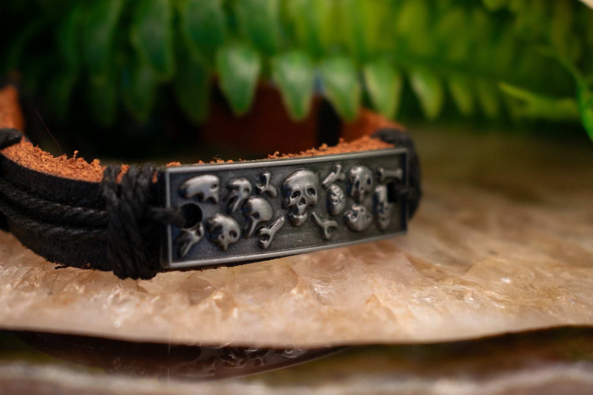 Skull and Bones Charm Leather Adjustable Bracelet