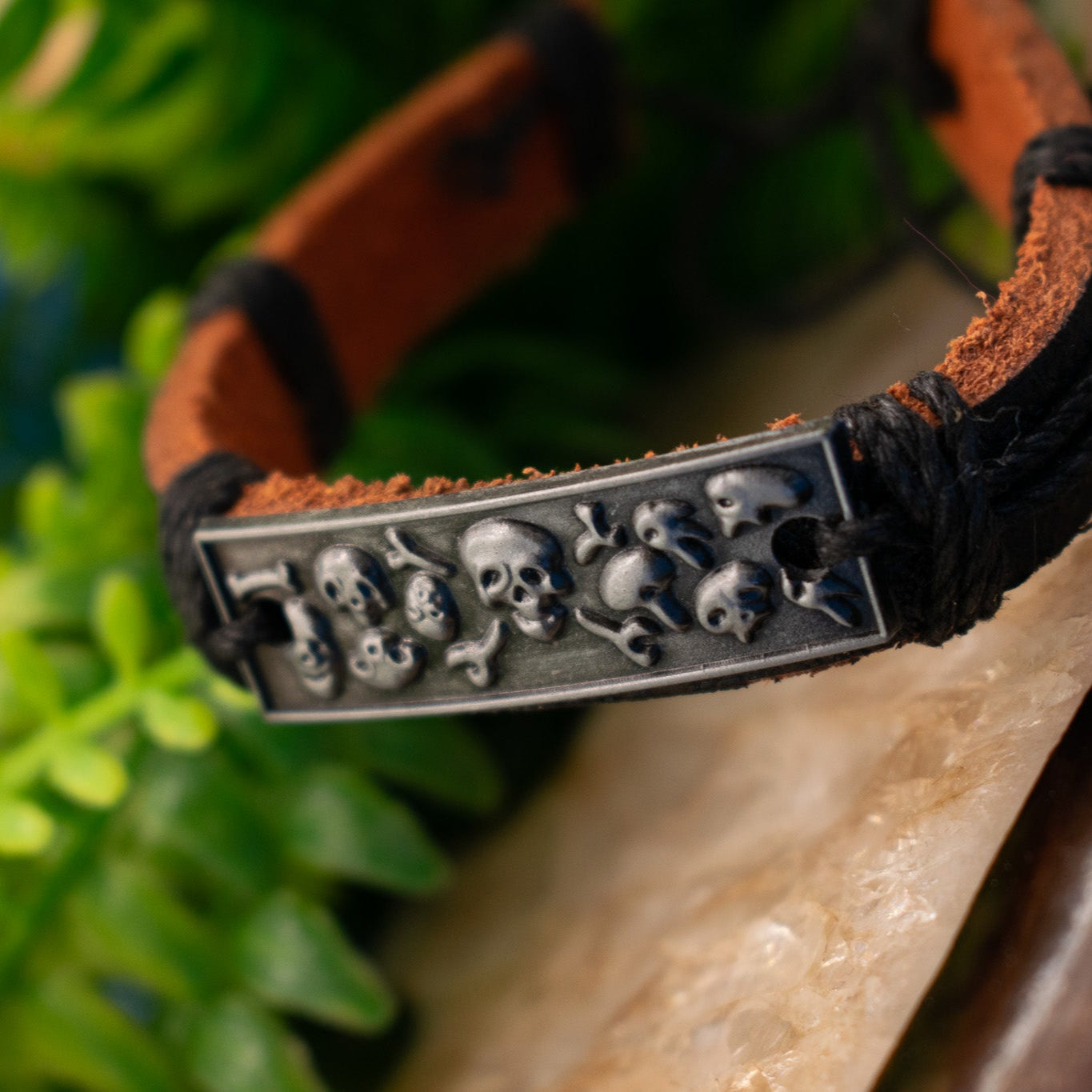 Skull and Bones Charm Leather Adjustable Bracelet