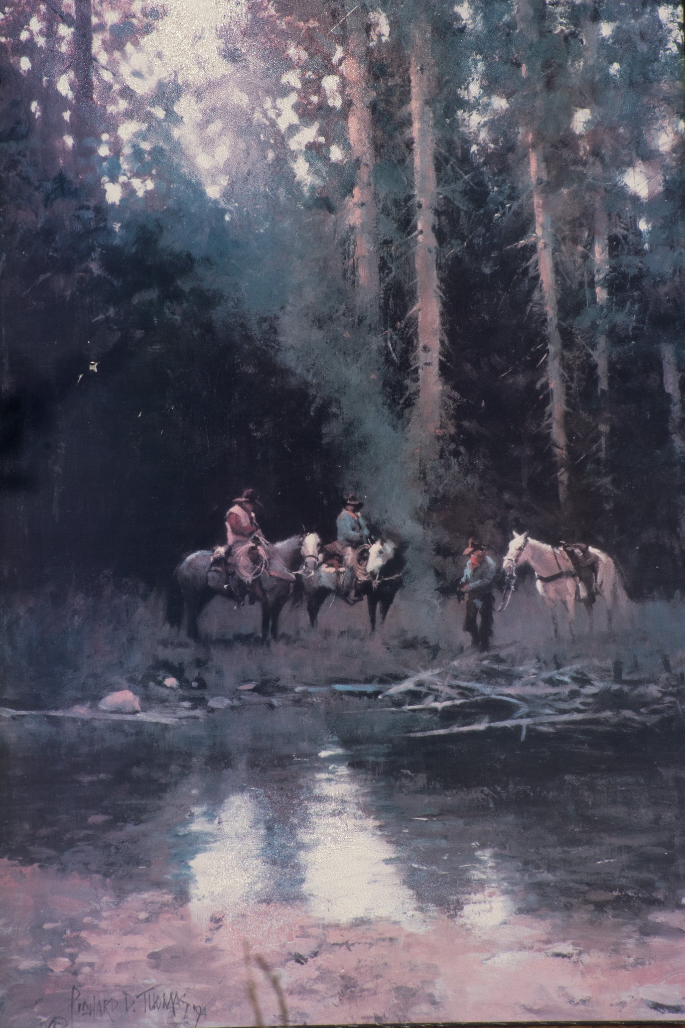 Cowboys Resting with Horses at the River by Artist Richard D. Thomas