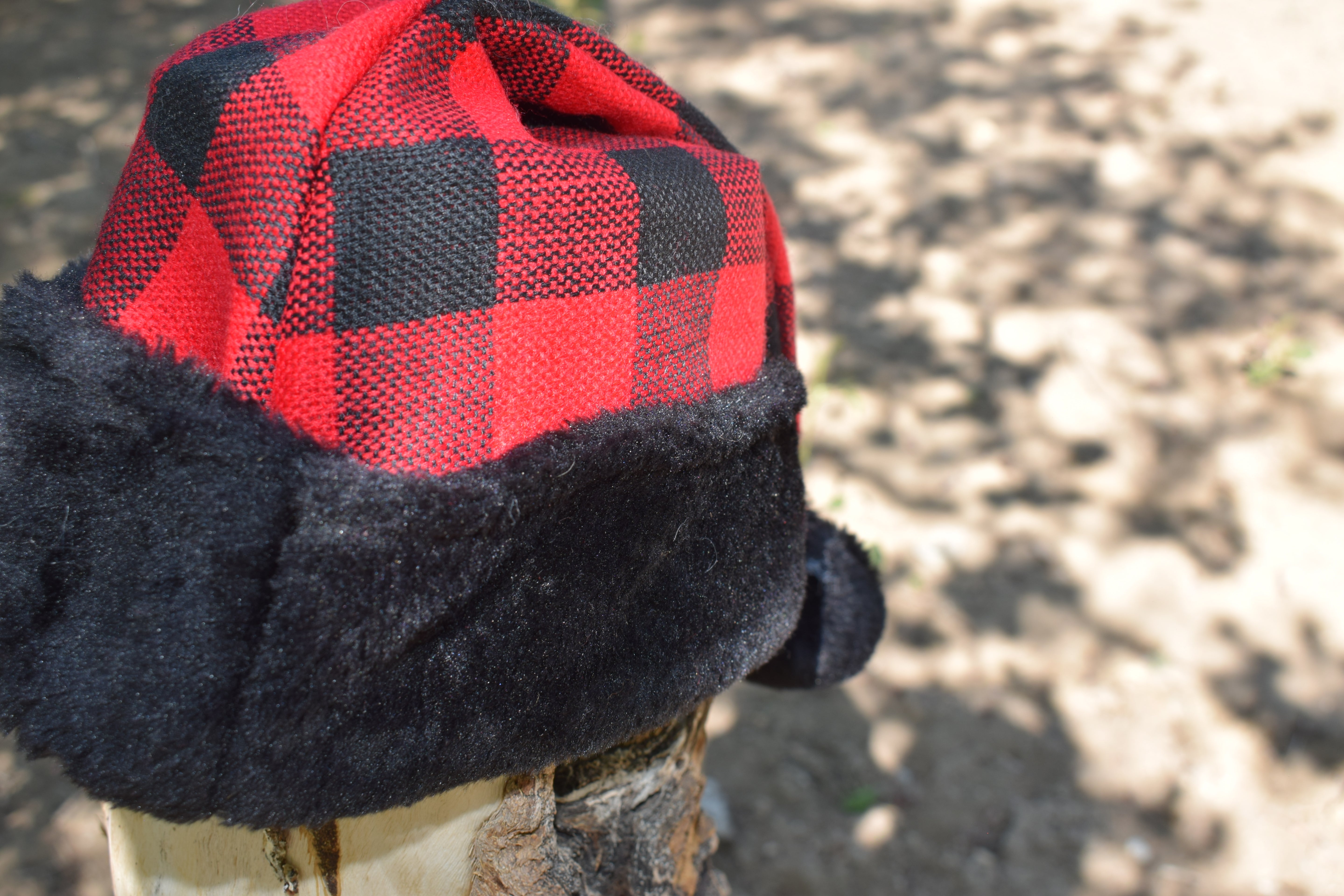 Merry Brite  Red Plaid Santa Hat with black Fluffy Trim Adult Size