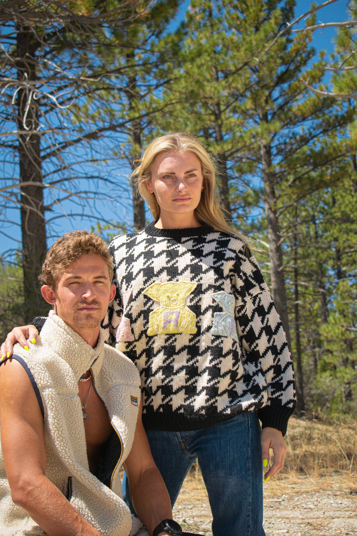 Naf Naf Tricote Black & White Sweater with 3 Different Colored Piggies Spelling N-A-F on Their Tummies