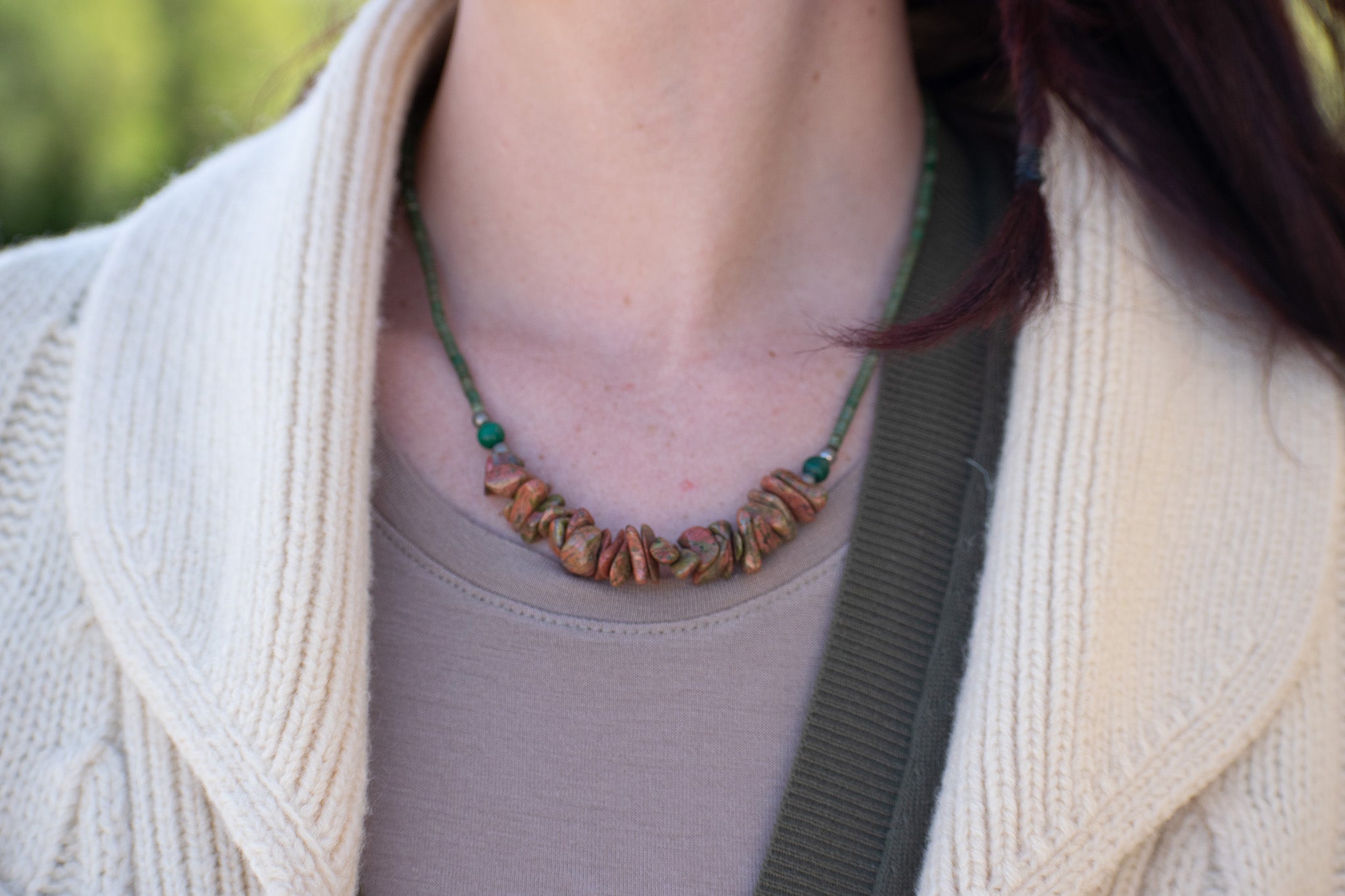 Unakite, Malachite, Serpentine, and Sterling Silver Beaded Necklace with Sterling Silver Clasp.