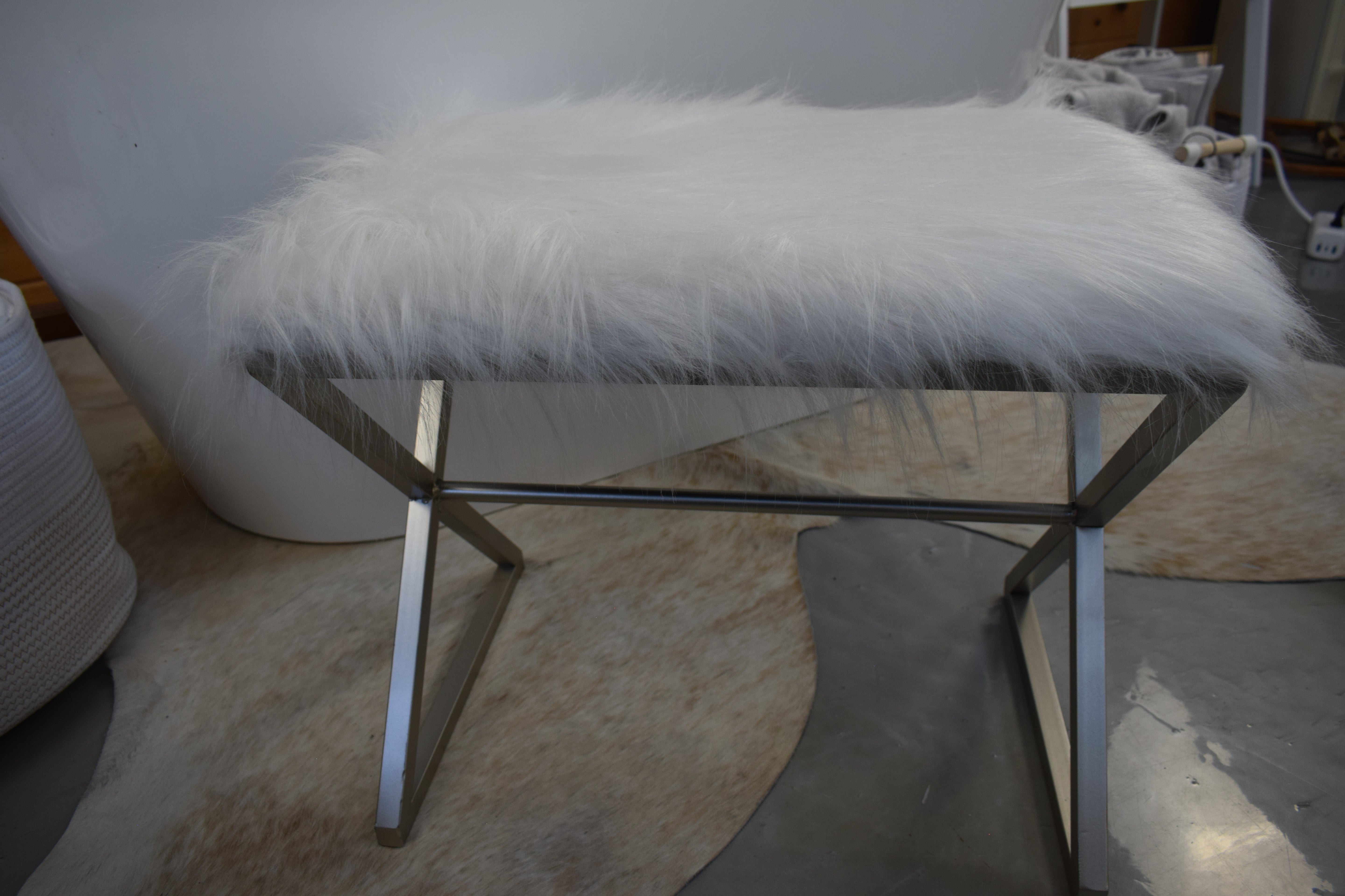 White Fur Stool with Metal Frame