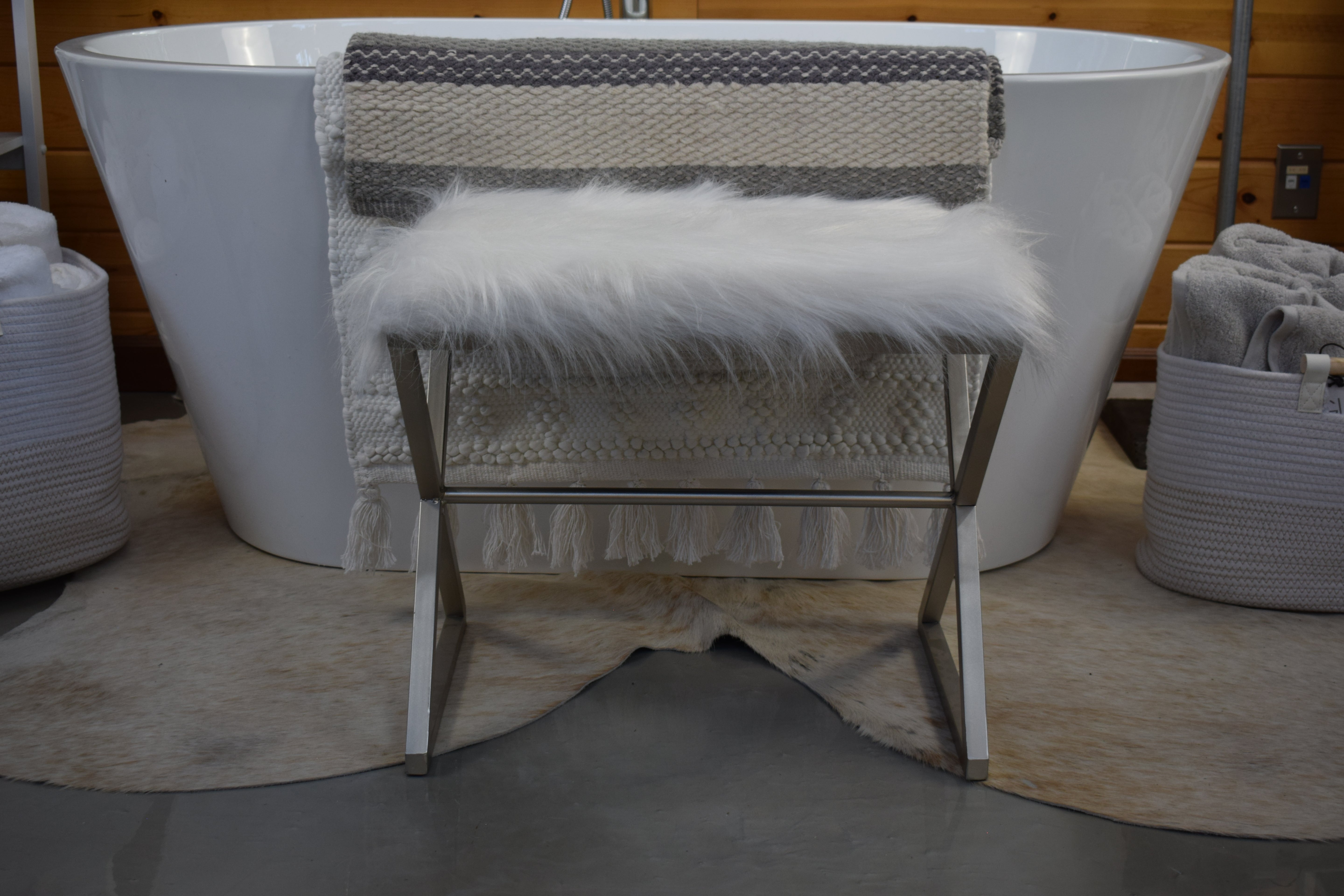 White Fur Stool with Metal Frame