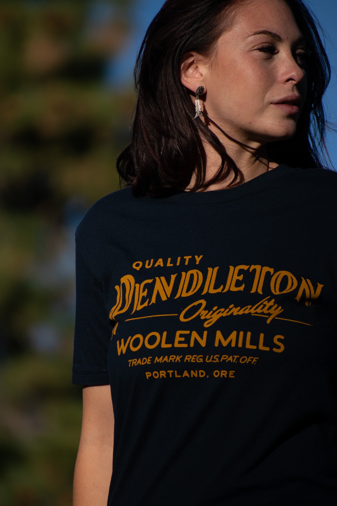 Navy Blue Pendleton Wool Mills T-shirt with a Mustard Yellow Print Size: SM