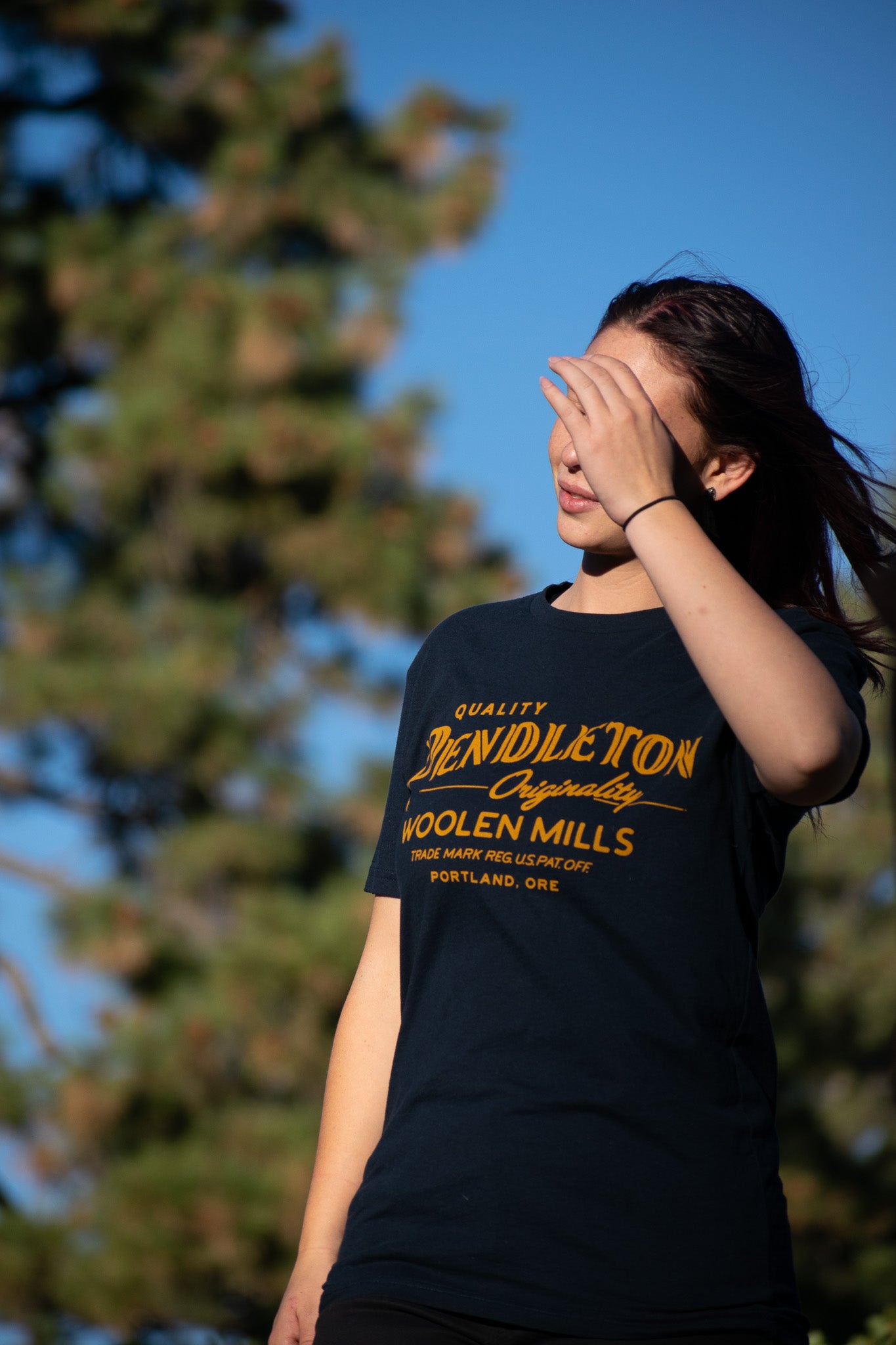 Navy Blue Pendleton Wool Mills T-shirt with a Mustard Yellow Print Size: SM