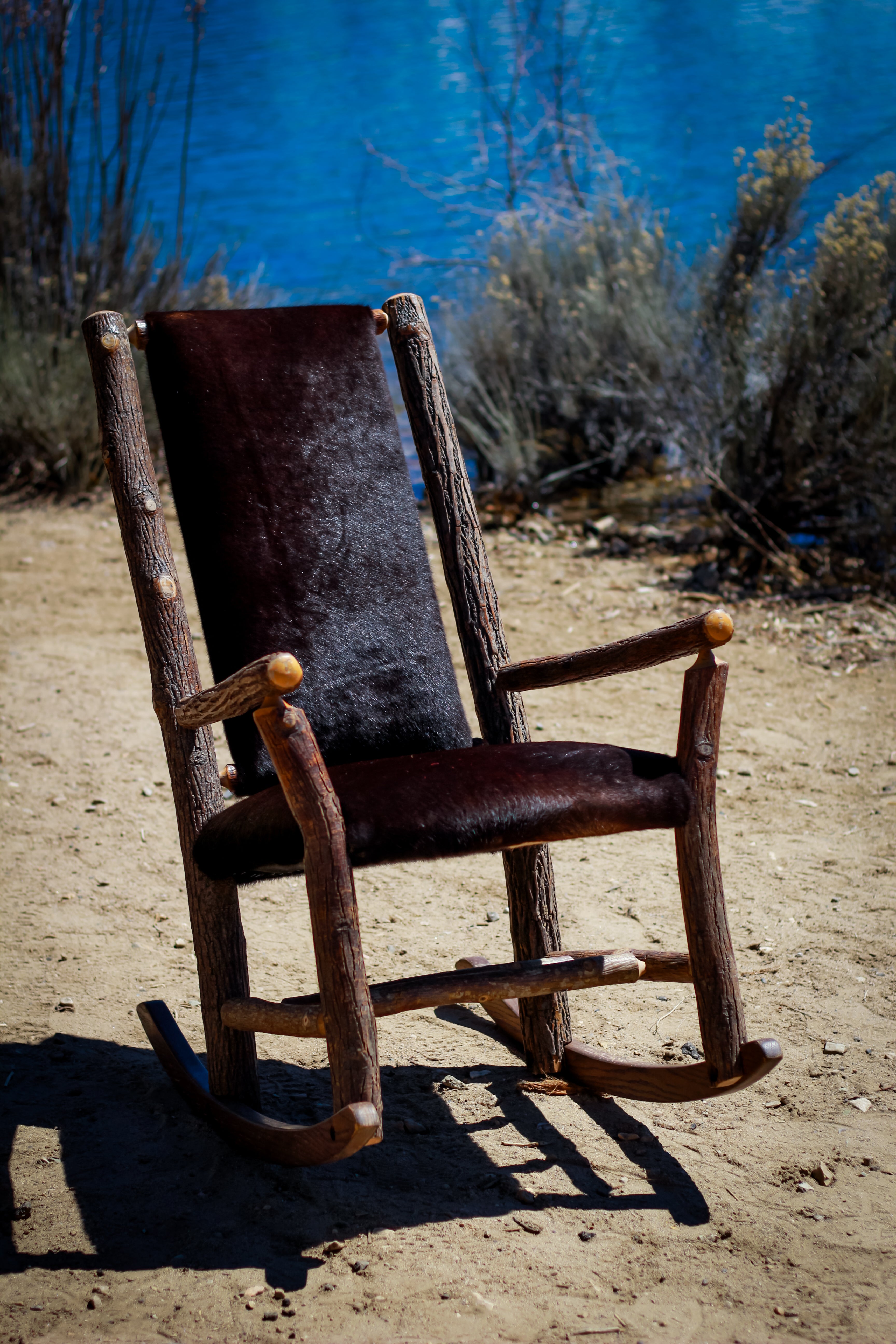 Custom Black Cowhide Upholstered Genuine Old Hickory Wood Rocking Chair
