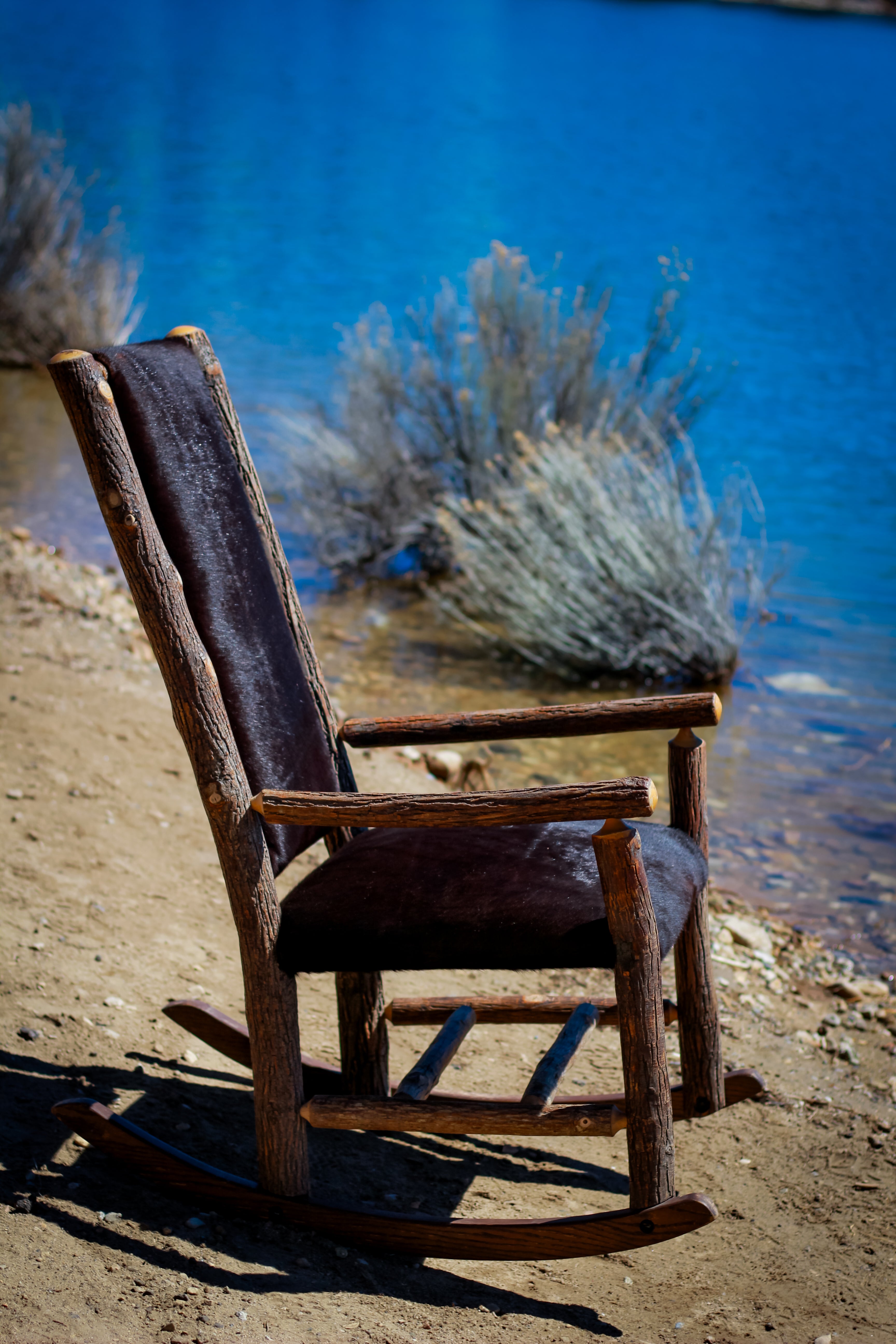 Custom Black Cowhide Upholstered Genuine Old Hickory Wood Rocking Chair