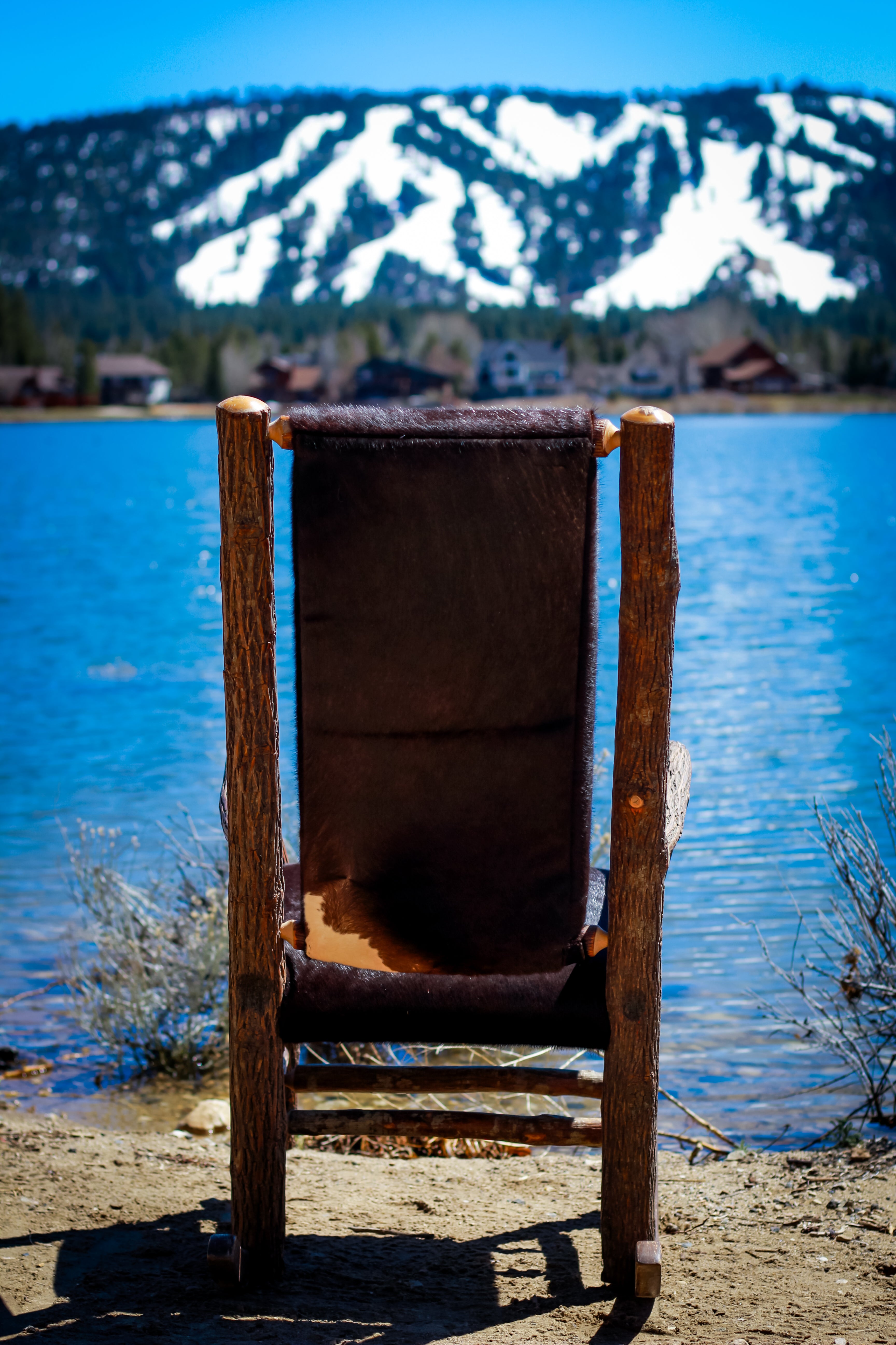 Custom Black Cowhide Upholstered Genuine Old Hickory Wood Rocking Chair