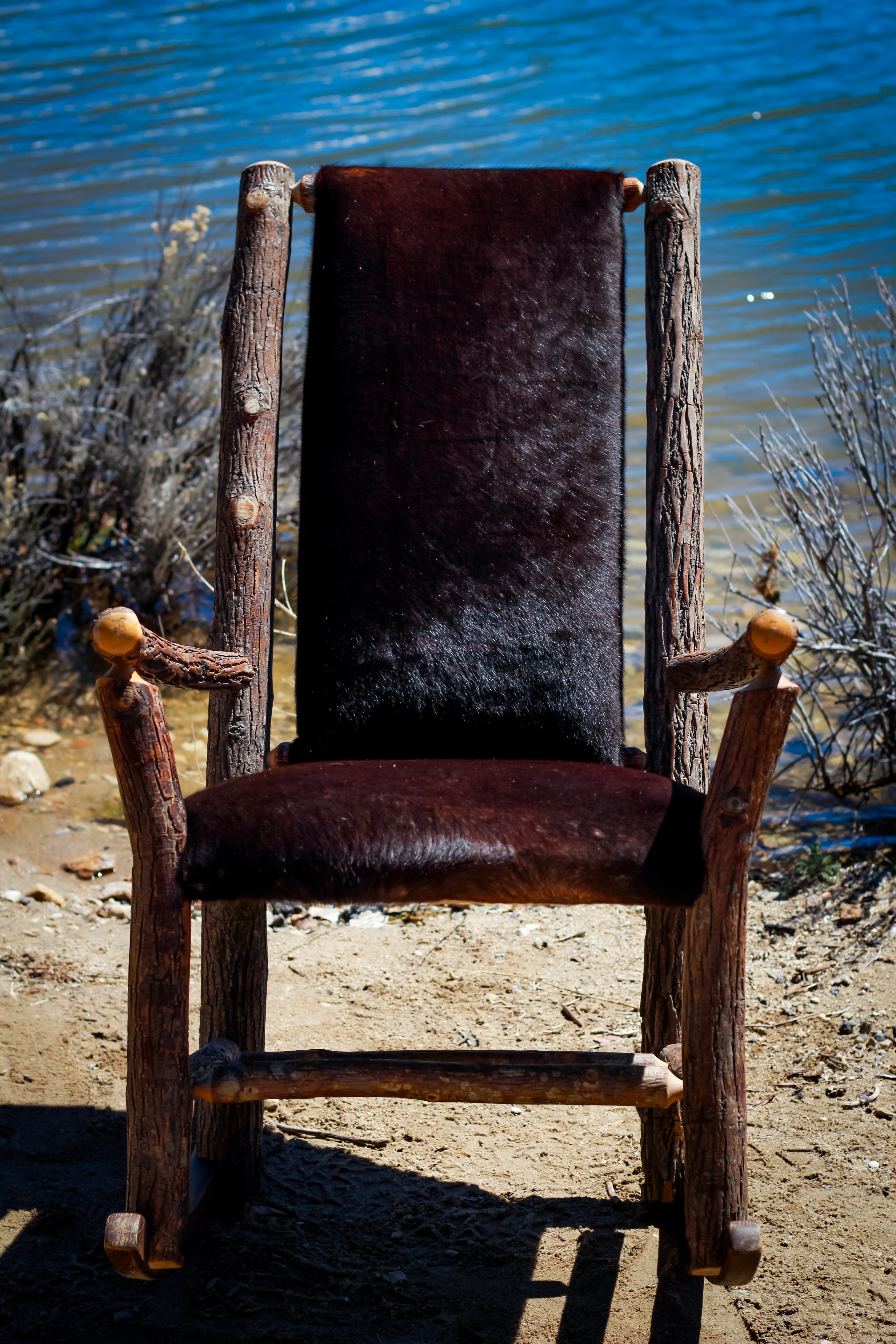 Custom Black Cowhide Upholstered Genuine Old Hickory Wood Rocking Chair