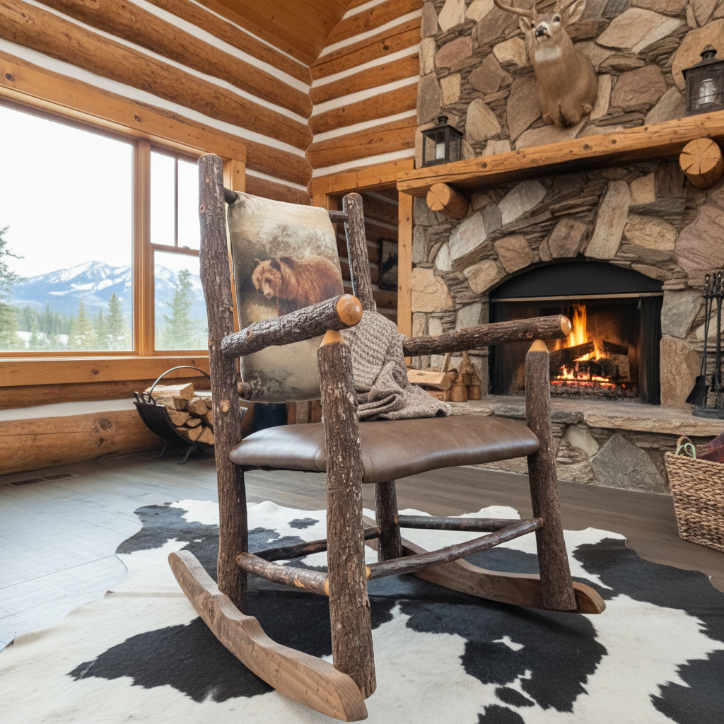 Genuine Old Hickory Wood Rocking Chair Featuring an Original Grizzly Bear Muarl
