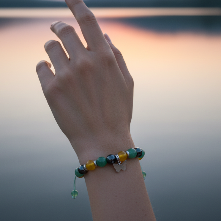 Beautiful Green Adventuring, Yellow Jade, and Hematite Adjustable Bracelet with Butterfly Charm