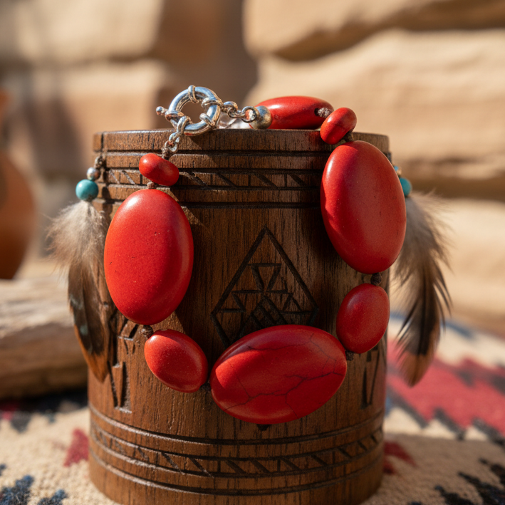 Native Style Chunky Red Stone Beaded Bracelet with Spring Ring Clasp