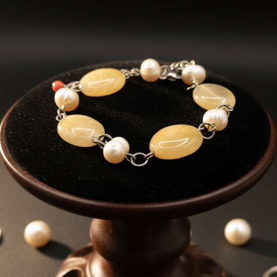 Delicate Yellow Quartz and Faux Pearls Chain Link Bracelet