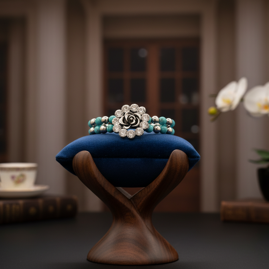 Stylish Faux Turquoise Beaded Double Layered Strech Bracelet with a Silver-toned and Rhinestone Flower Charm