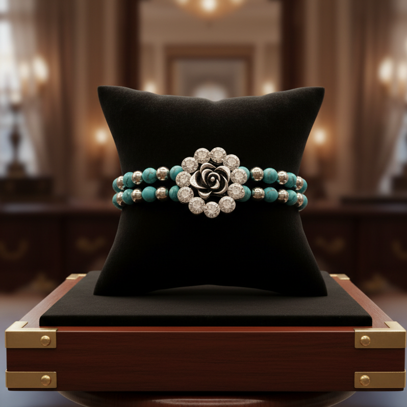 Stylish Faux Turquoise Beaded Double Layered Strech Bracelet with a Silver-toned and Rhinestone Flower Charm