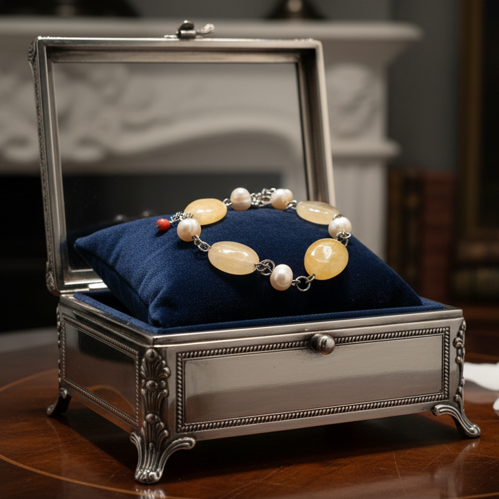 Delicate Yellow Quartz and Faux Pearls Chain Link Bracelet