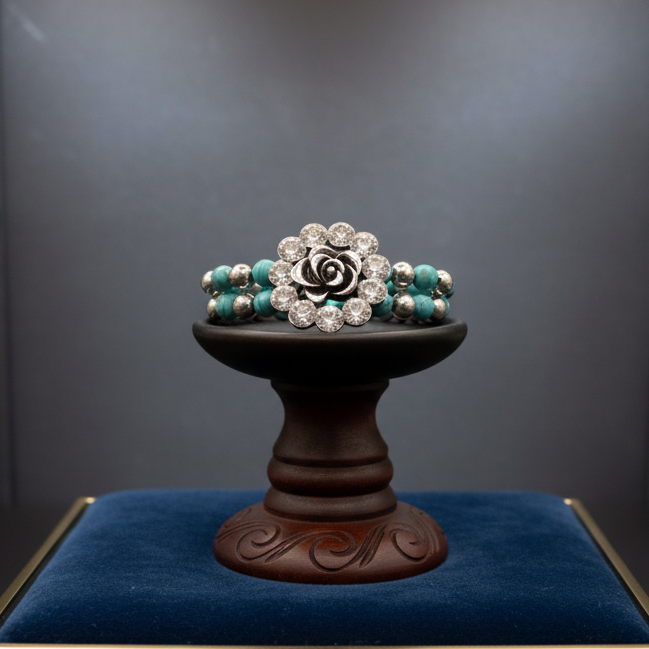 Stylish Faux Turquoise Beaded Double Layered Strech Bracelet with a Silver-toned and Rhinestone Flower Charm