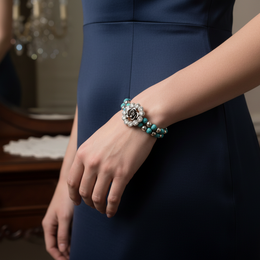 Stylish Faux Turquoise Beaded Double Layered Strech Bracelet with a Silver-toned and Rhinestone Flower Charm