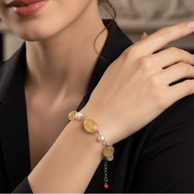 Delicate Yellow Quartz and Faux Pearls Chain Link Bracelet