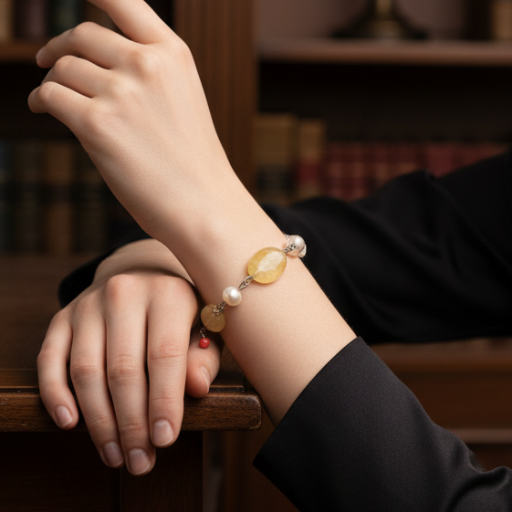 Delicate Yellow Quartz and Faux Pearls Chain Link Bracelet